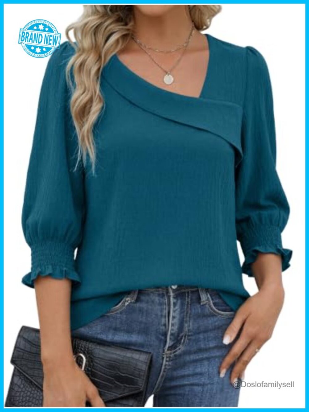 3/4 Sleeve Womens Blouse Asymmetric Square Neck Smocked Cuff Dressy Casual